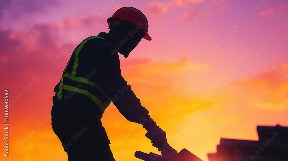 Silhouette of laborers in safety gear mixing concrete on-site, Laborer silhouette, construction process silhouette Silhouette of laborers in safety gear mixing concrete on-site, Laborer silhouette, construction process silhouette