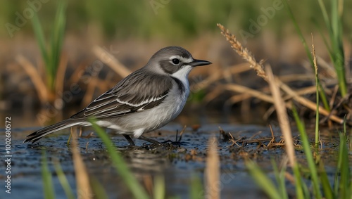 Young white wagtail resting on bulrush.