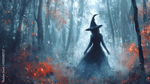 Enchanting portrayal of a witch on Halloween. A spellbinding young woman in a witch's hat performs mysterious incantations, conjuring amidst an eerie forest background