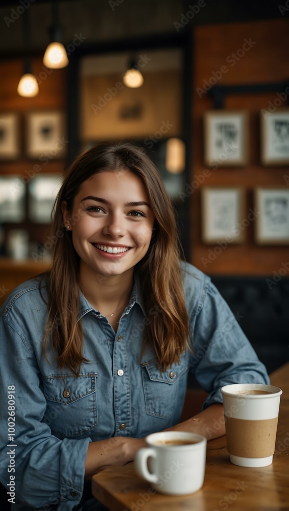 Young woman smiling in a coffee shop, showcasing urban life. Young woman smiling in a coffee shop, showcasing urban life.