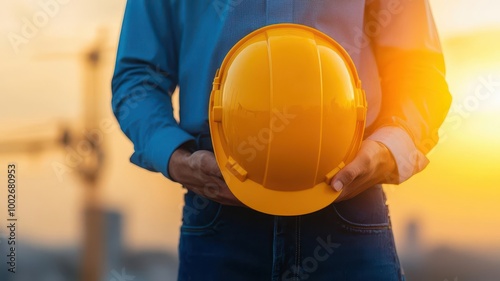 Engineer holding a helmet in silhouette, construction site stretching behind them, Engineer silhouette, site inspection photo