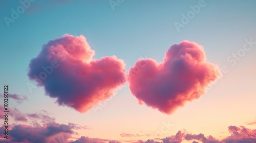 A romantic sky with two clouds shaped like intertwined hearts, softly glowing in pastel tones photo