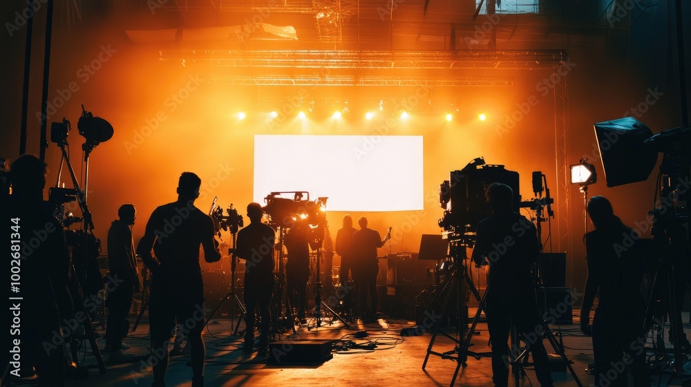 Fototapeta premium Silhouettes of a film crew working behind the scenes in a large production studio, with bright studio lights and equipment in the background.