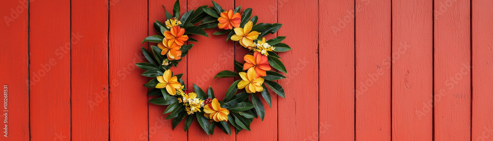 Obraz premium vibrant floral wreath adorned with yellow and orange flowers is displayed against bright red wooden wall, creating cheerful and inviting atmosphere