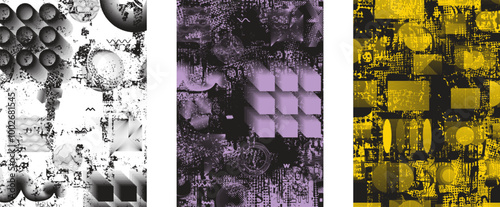 Set of posters with glitch distorted grunge texture. Poster collection texture with halftone dots, glitched shapes, textures and lines .Screen print vector poster pack with grunge textured surface