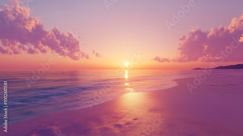 A serene beach at sunset, the sky glowing with orange and purple