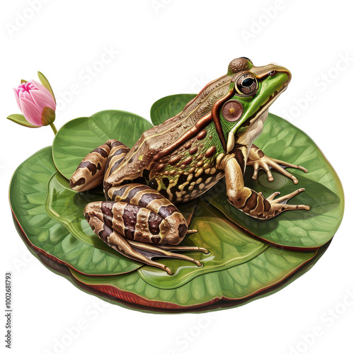 A colorful frog resting on a lily pad, surrounded by vibrant green leaves and a delicate pink flower, showcasing nature's beauty.