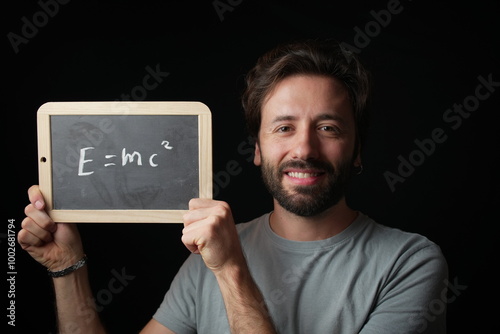 Person holding a blackboard with the equation E=mc² written on it against a black background.
