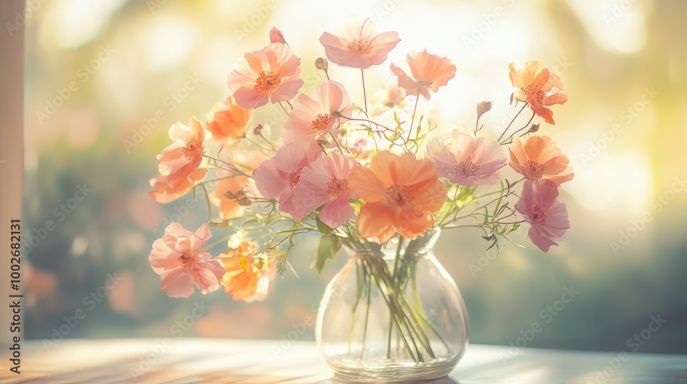 Soft pastel pink and orange flowers blooming in a clear glass vase, with sunlight filtering through. Soft pastel pink and orange flowers blooming in a clear glass vase, with sunlight filtering through.