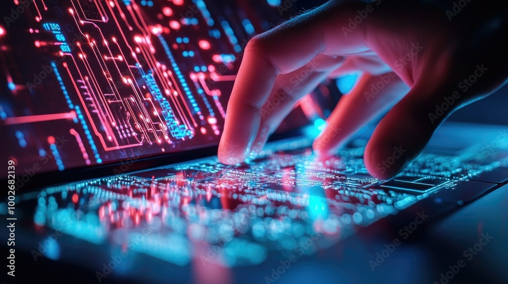 Software engineer's hand resting on a laptop keyboard, with a digital circuit board design reflected on the screen. Software engineer's hand resting on a laptop keyboard, with a digital circuit board design reflected on the screen.
