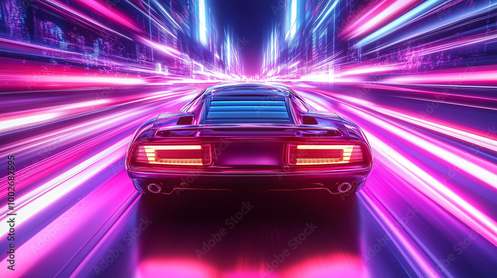 view of Futuristic Car with high fast and speed through neon mega cyber ...