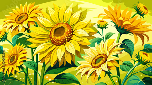 bright yellow flowers of ripe sunflower