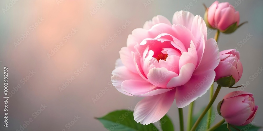 A pink flower with a green stem. The flower is in the center of the image. The background is pink A pink flower with a green stem. The flower is in the center of the image. The background is pink