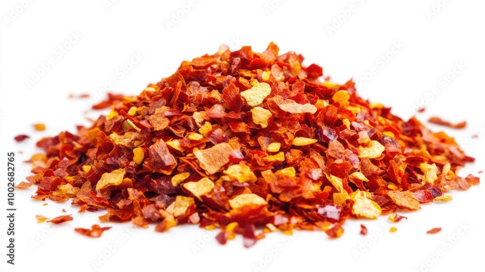 Spicy red chili pepper flakes crushed into a colorful pile, scattered across a plain white background, symbolizing flavor and intensity. Spicy red chili pepper flakes crushed into a colorful pile, scattered across a plain white background, symbolizing flavor and intensity.