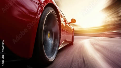 Dynamic close-up of a red sports car racing on a track at sunset.