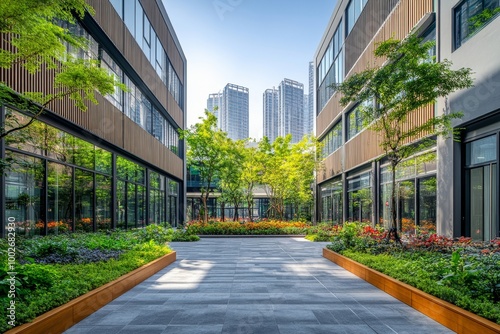 courtyard surrounded by high-rise modern office buildings. urban architecture, Generative AI