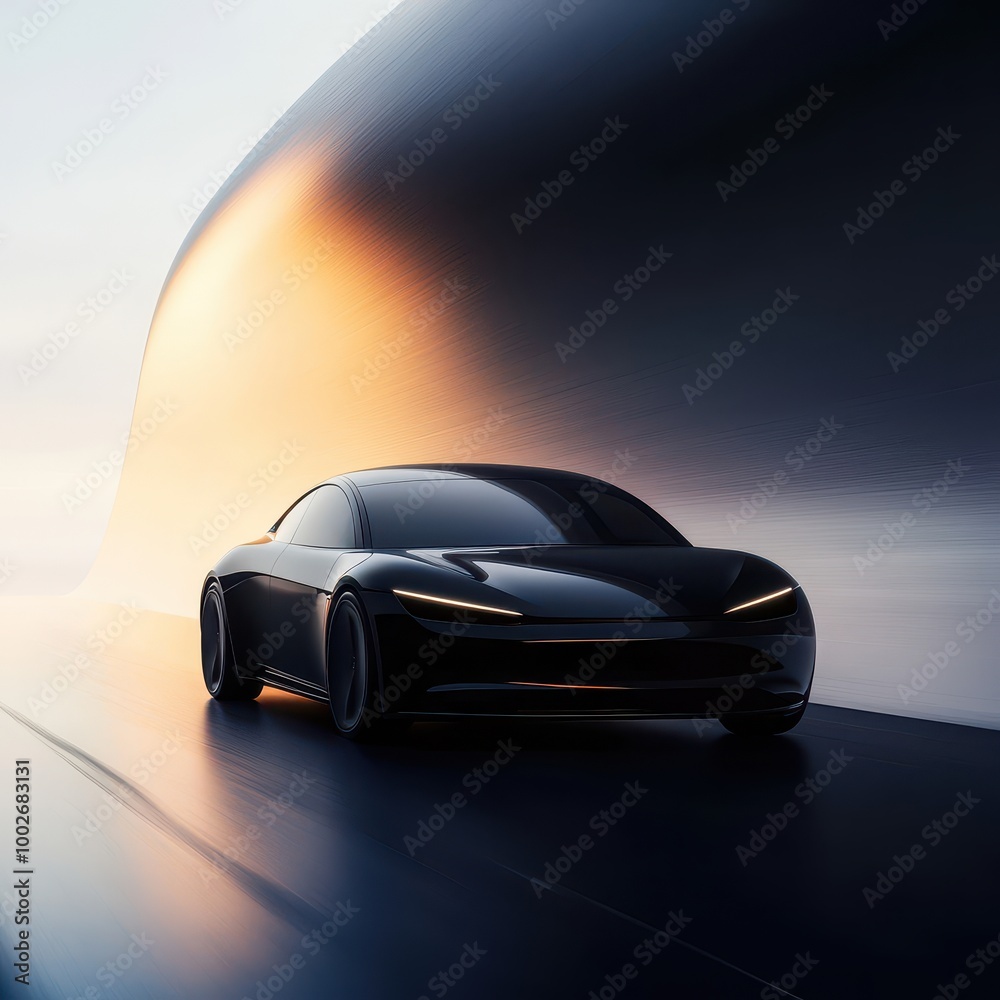 Futuristic black car design on a sleek surface with dynamic lighting. Futuristic black car design on a sleek surface with dynamic lighting.