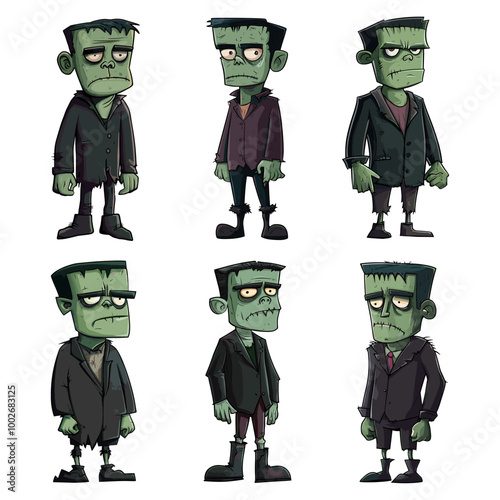 Frankensteins monsters. Cartoon frankenstein zombie game characters, vintage horror creepy green monsters halloween party mascot dead man comic creature set vector illustration