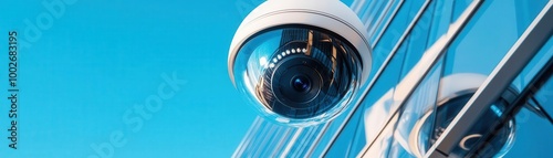 Security camera mounted on a building, blue sky background