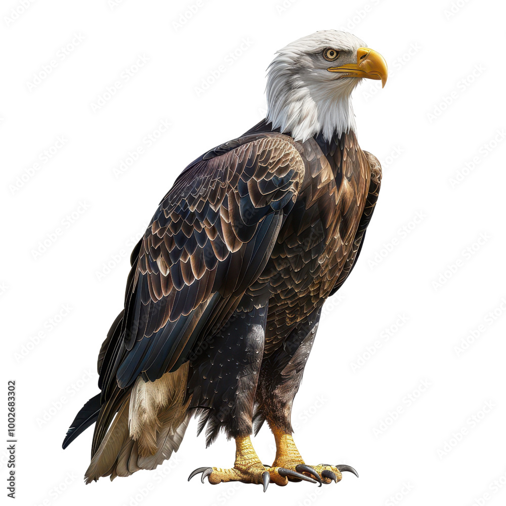 Fototapeta premium A majestic bald eagle perched proudly, showcasing its striking plumage and keen gaze, symbolizing power and freedom in nature.