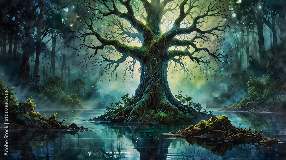 Fototapeta premium Celestial Serenity: A Majestic Tree Under Starlit Skies