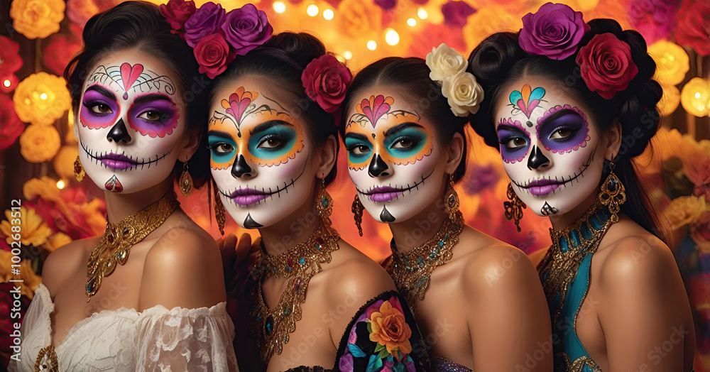 a group of beautiful women with painted sugar skull on their face for Mexico's Day of the Dead a group of beautiful women with painted sugar skull on their face for Mexico's Day of the Dead