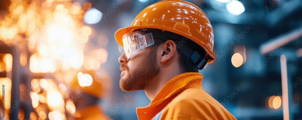 Close-up of a worker in an orange hard hat and safety glasses on a factory floor. Close-up of a worker in an orange hard hat and safety glasses on a factory floor.