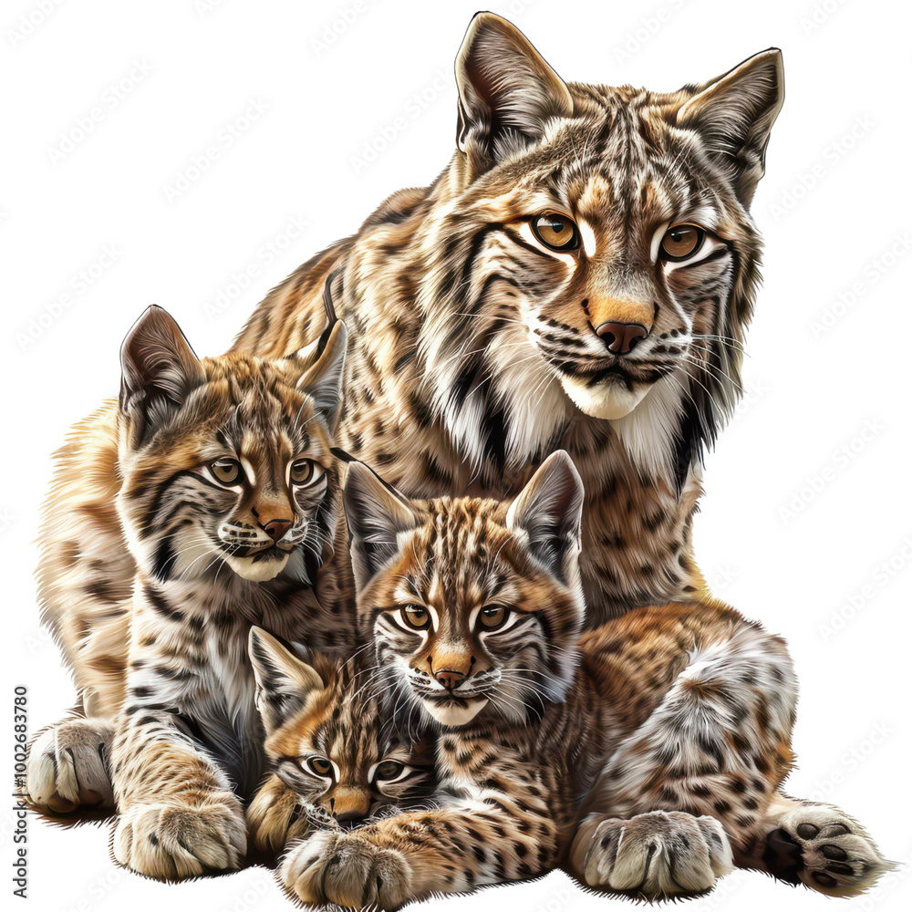 Fototapeta premium A majestic lynx family featuring a parent and three adorable kittens, showcasing their beauty and natural habitat.