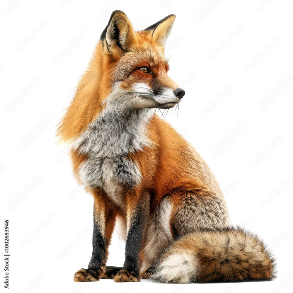A majestic red fox sitting gracefully with a striking fur pattern, showcasing its keen intelligence and wild beauty.