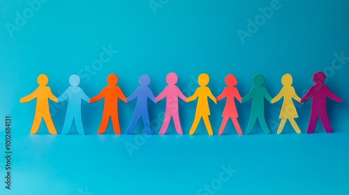 A chain of colorful paper cut out humans holding hands on a blue studio background. Row of diverse people help, family union connection