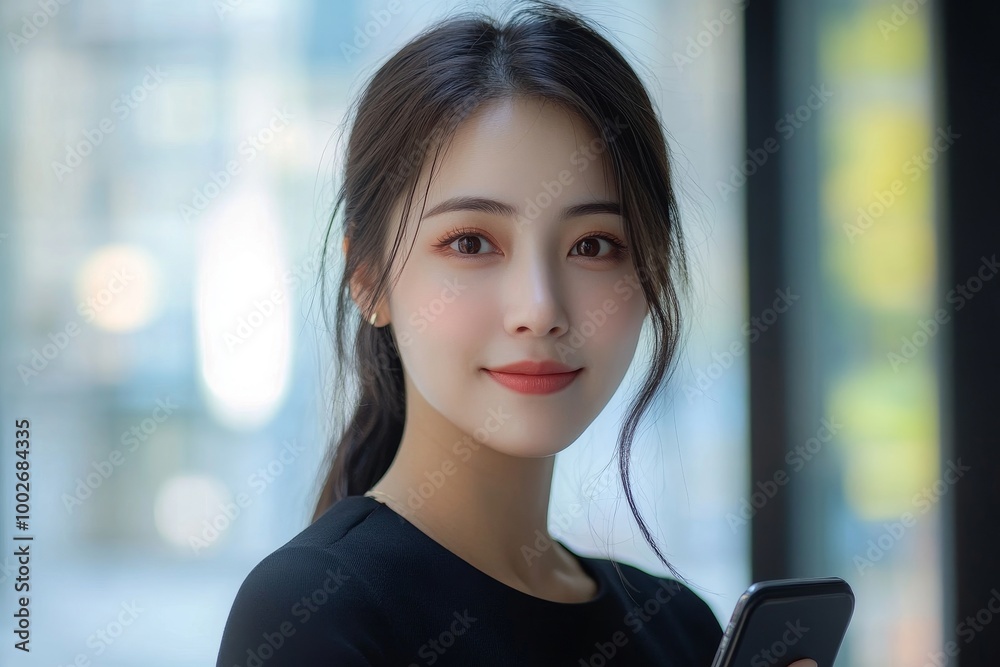 Asian business woman hold with mobile phone, Generative AI Asian business woman hold with mobile phone, Generative AI