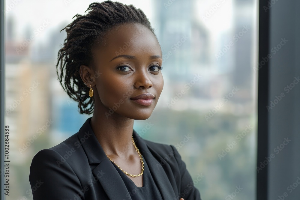 Beautiful african business woman looking outside window in office, Generative AI Beautiful african business woman looking outside window in office, Generative AI