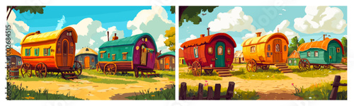 Gypsy camp. Old vintage wagons, houses on wooden wheels for travelers gypsies nation nomadic people home romany vans cartoon background vector illustration