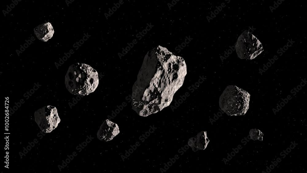 Asteroids in the space. Asteroids fly slowly from left to right on a starry space background. 4K video.
