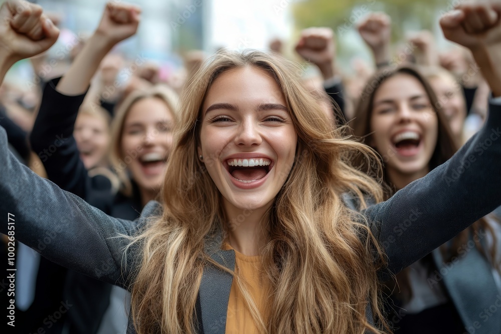 Fototapeta premium Happy excited businesswomen rejoicing at corporate success. Team of women wearing office suits, making winner gestures, smiling and shouting for joy. Business leadership, Generative AI