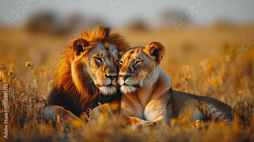 Two lions cuddling together in a peaceful moment in a savanna during golden hour