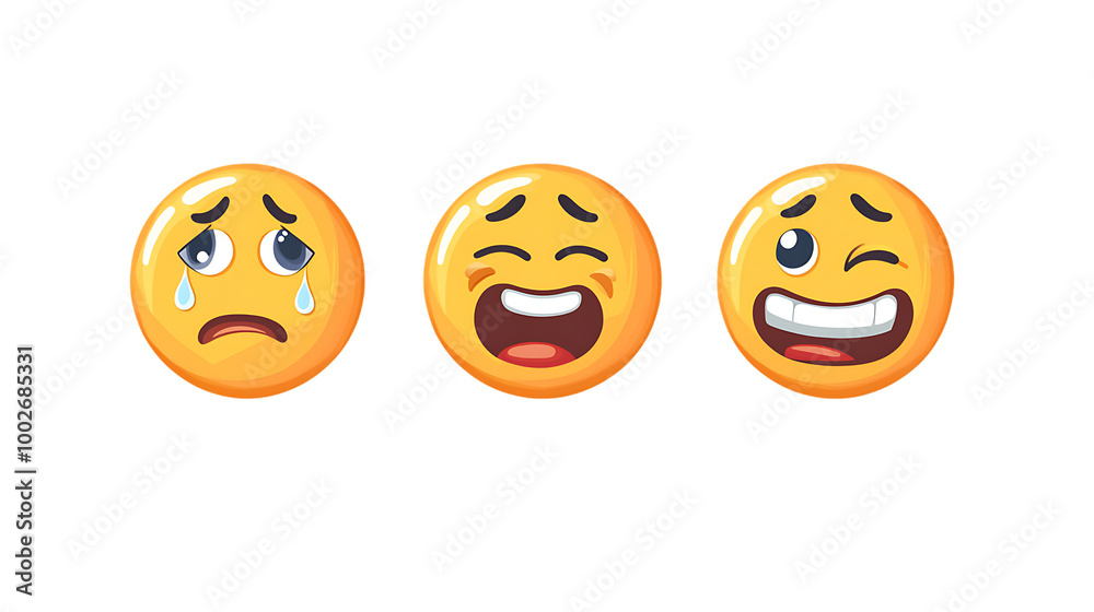 Fototapeta premium Smiling yellow faces with happy expressions, 3D emoticons set