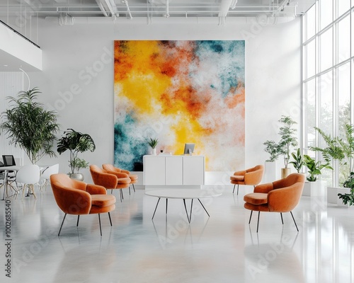 Bright and airy white open space office featuring modern furnishings, with a mock-up wall filled with inspirational quotes and abstract art , High-angle view