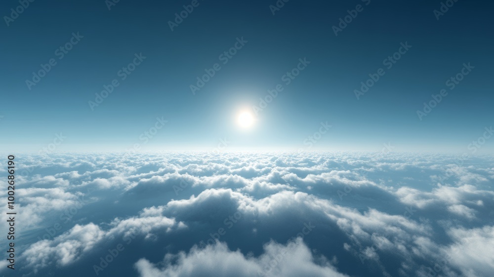 A tranquil skyscape with minimal clouds, deep blue with a tiny bright sun just rising A tranquil skyscape with minimal clouds, deep blue with a tiny bright sun just rising