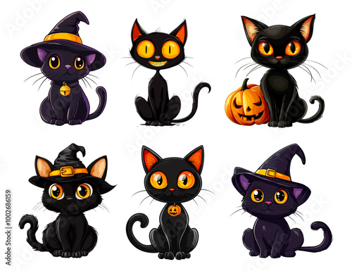 Halloween cats. Cartoon cute black cat in witch hat with pumpkin jack lantern, fun night kitten characters october trick or treat party mascot vector illustration