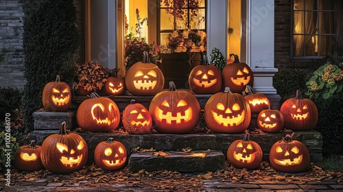 Halloween decorations feature pumpkins adorning homes with festive flair. Autumn's arrival brings pumpkins to American front yards, transforming them into enchanting Halloween havens