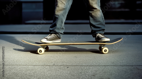 A close-up of a person’s feet clad in sneakers resting firmly on a skateboard deck, symbolizing balance, confidence, and readiness for action.