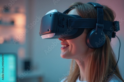 Woman smiling enthusiastically wearing VR headset and headphones against colorful background