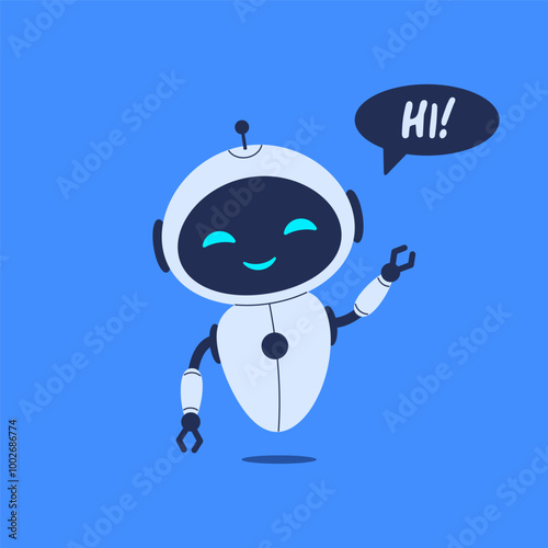 Cute robot saying hello. Vector illustration on blue background for friendly AI designs and chatbot concepts