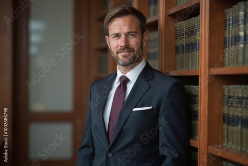 Confident Professional with Friendly Expression Standing in Law Library