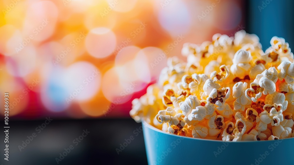 Delicious Popcorn in a Blue Container with TV Background Delicious Popcorn in a Blue Container with TV Background