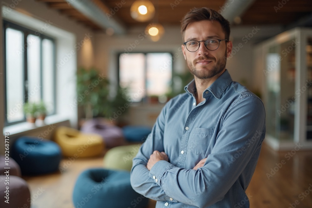 Confident professional with friendly smile posing in modern office space against colorful seating area