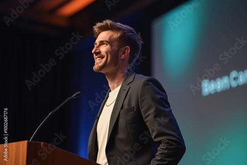 Confident Speaker Smiling Enthusiastically During Conference Presentation Against Colorful Stage Backdrop
