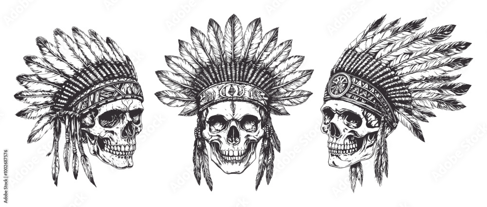 Obraz premium Indian chief skull sketches. Dead indians warrior head in native american traditional headdress with feathers, tribal skeleton vintage tattoo drawing set vector illustration