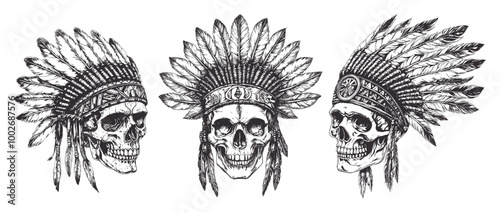 Indian chief skull sketches. Dead indians warrior head in native american traditional headdress with feathers, tribal skeleton vintage tattoo drawing set vector illustration